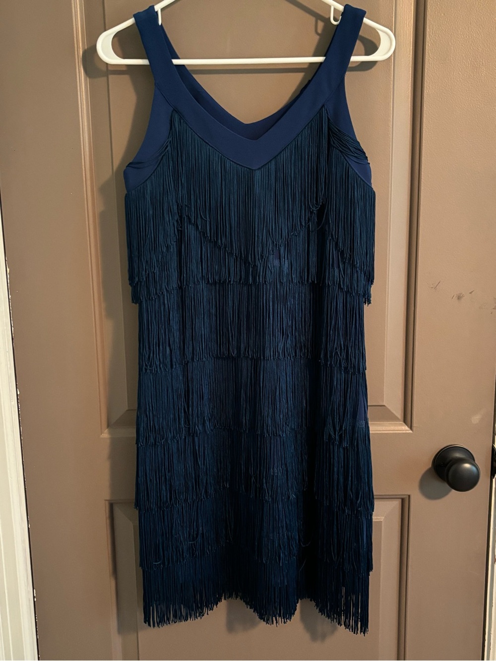 White House Black Market Navy Fringe V-Neck Mini Dress